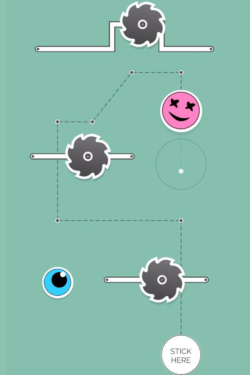 Sticker Ride gameplay screenshot featuring a green backdrop with dotted paths weaving between buzzsaws and traps where players maneuver stickers