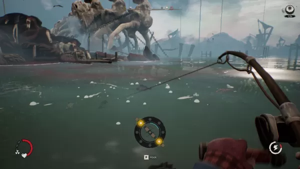 Dreadmoor gameplay screenshot - fishing boat at sunset