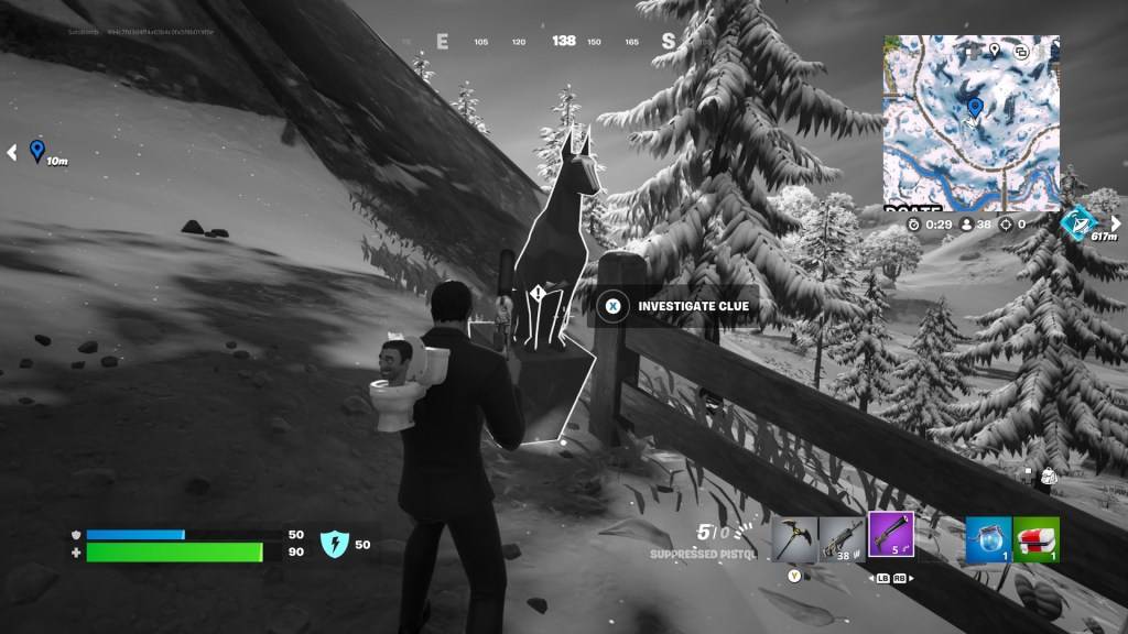 Patung anjing sebagai sebahagian daripada artikel tentang cara mengikuti jejak dan mempersoalkan pengembara yang tidak diketahui di Fortnite.
